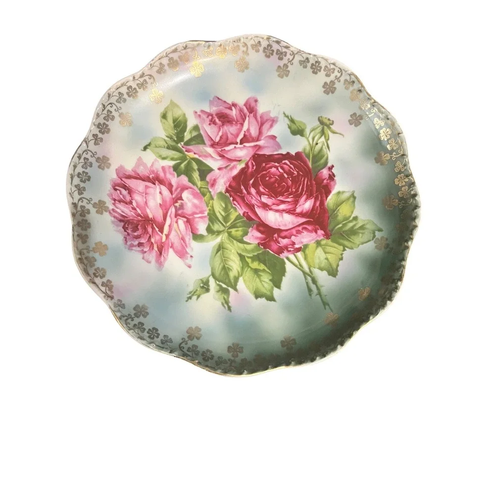 Wheelock China Austria Antique Scalloped Porcelain Plate Pink Red Roses Gold